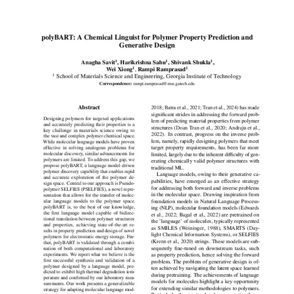 polyBART: A Chemical Linguist for Polymer Property Prediction and ...