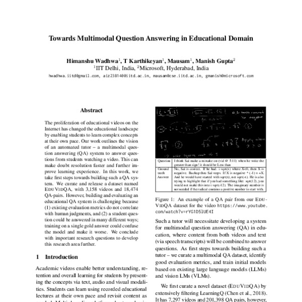 Towards Multimodal Question Answering in Educational Domain - ACL Anthology
