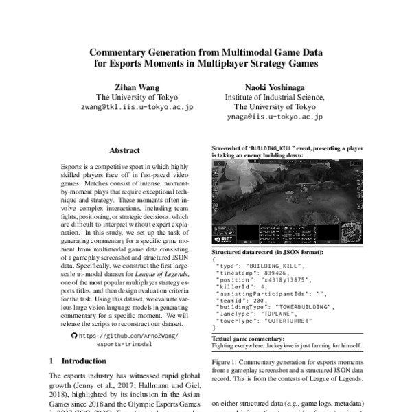 Commentary Generation from Multimodal Game Data for Esports Moments in ...