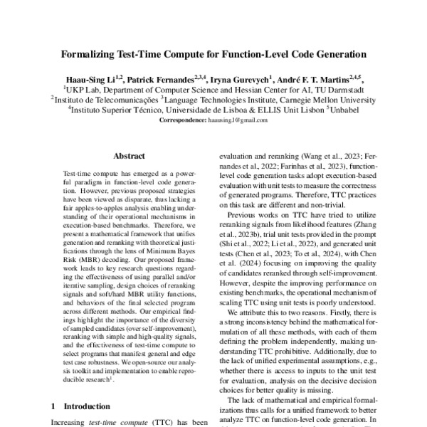 Formalizing Test-Time Compute for Function-Level Code Generation - ACL ...