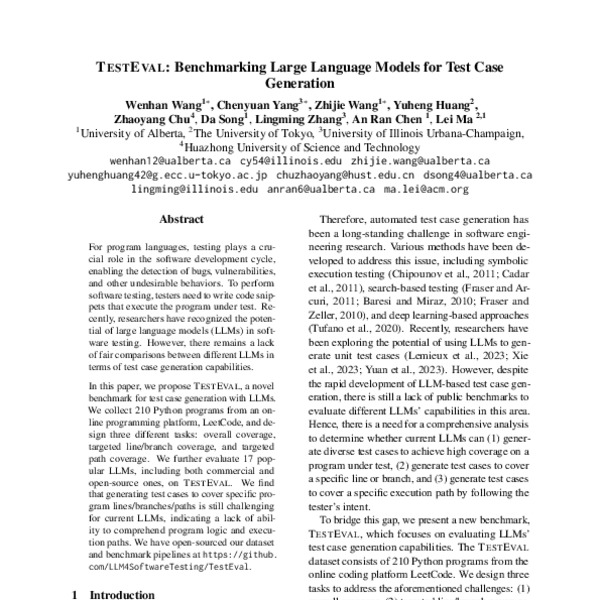 TestEval: Benchmarking Large Language Models for Test Case Generation ...