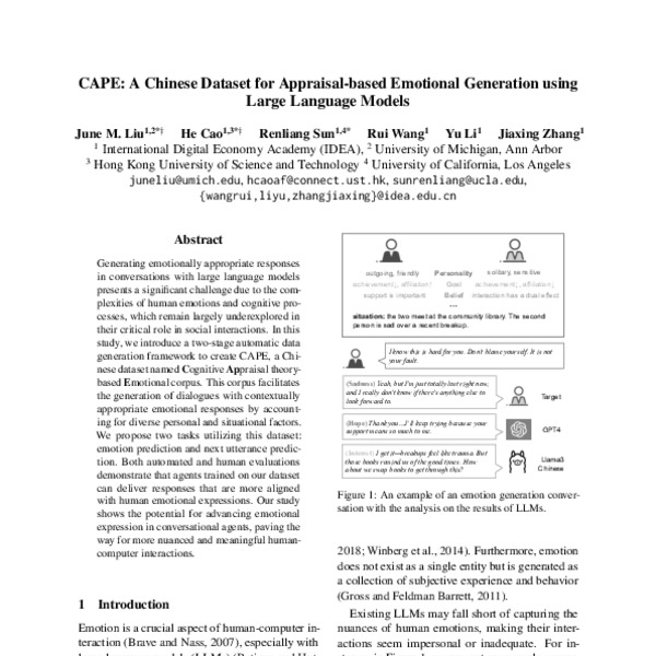 CAPE: A Chinese Dataset for Appraisal-based Emotional Generation in ...