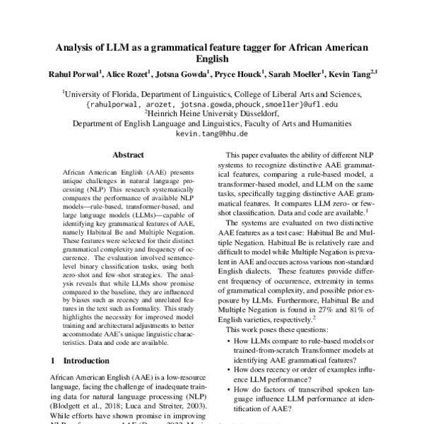 Analysis of LLM as a grammatical feature tagger for African American ...