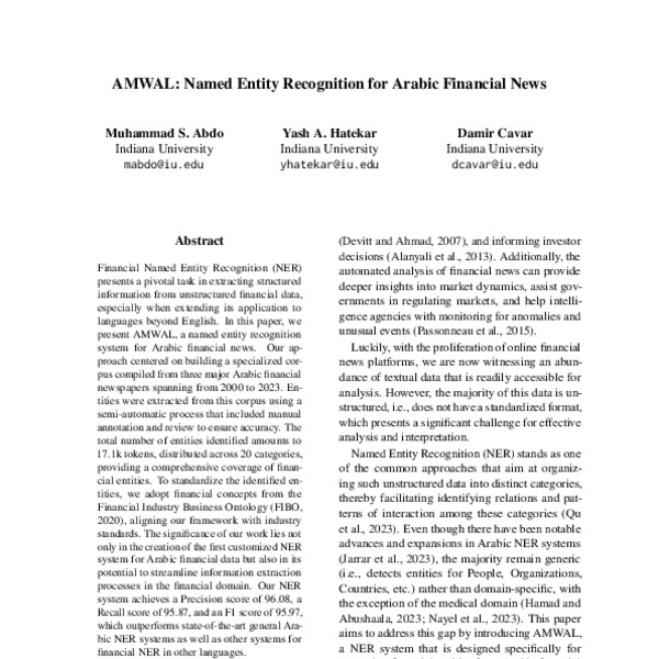 AMWAL: Named Entity Recognition for Arabic Financial News - ACL Anthology