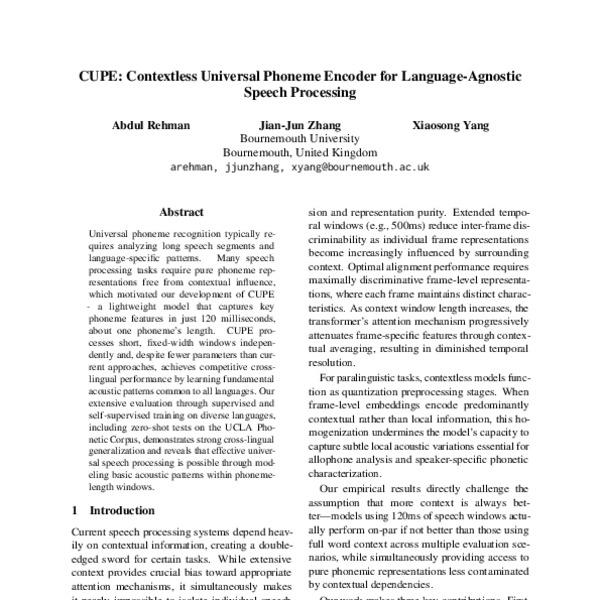 CUPE: Contextless Universal Phoneme Encoder for Language-Agnostic ...