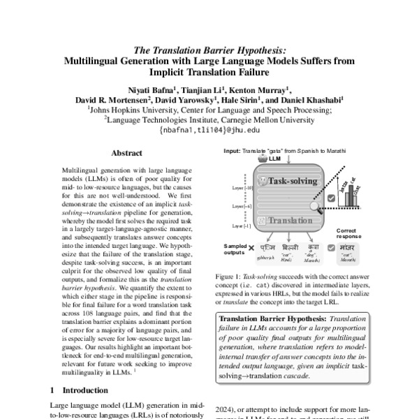 The Translation Barrier Hypothesis: Multilingual Generation with