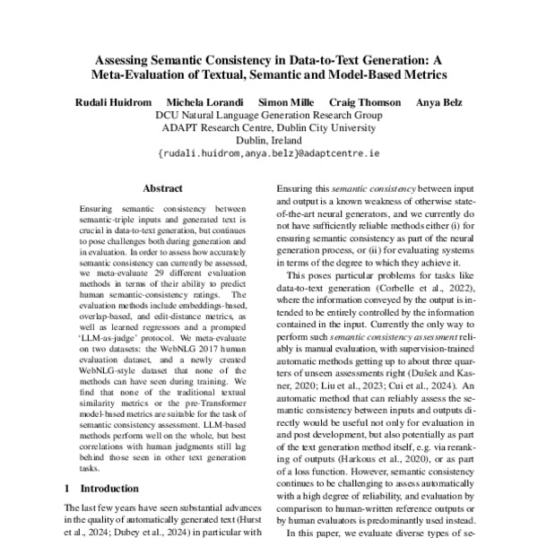 Assessing Semantic Consistency in Data‐to‐Text Generation: A Meta ...