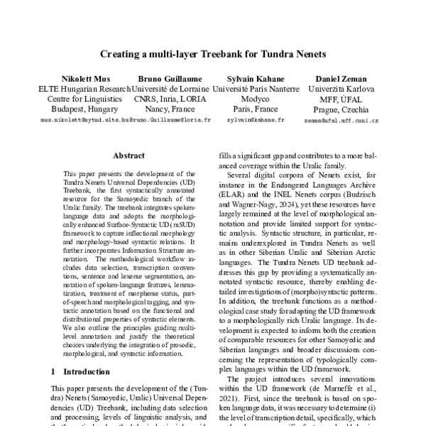 Creating a multi-layer Treebank for Tundra Nenets - ACL Anthology