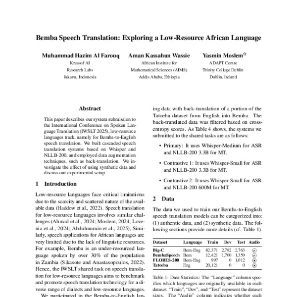 Bemba Speech Translation: Exploring a Low-Resource African Language ...