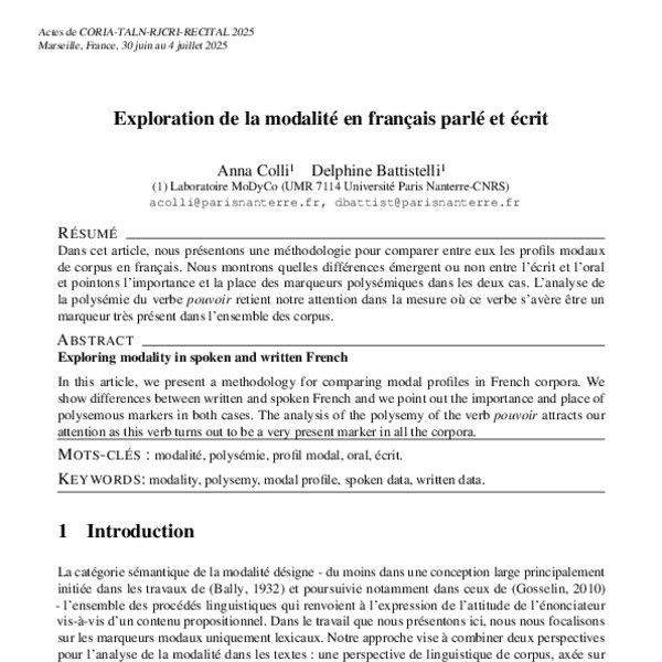 Exploration de la modalité en français parlé et écrit - ACL Anthology