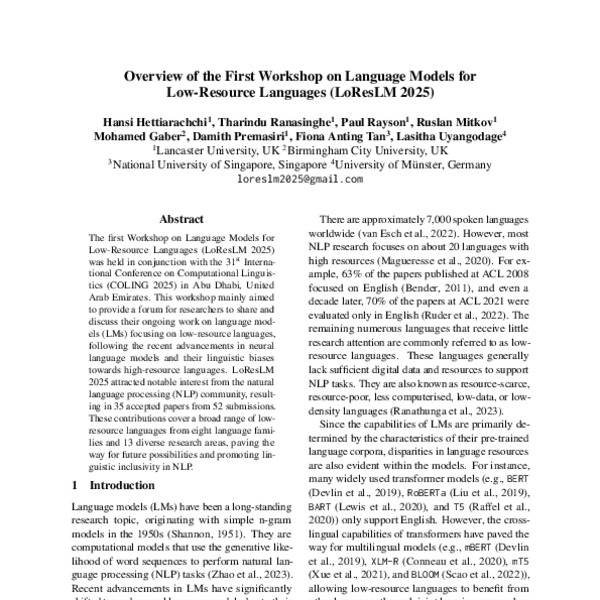 Overview of the First Workshop on Language Models for Low-Resource ...