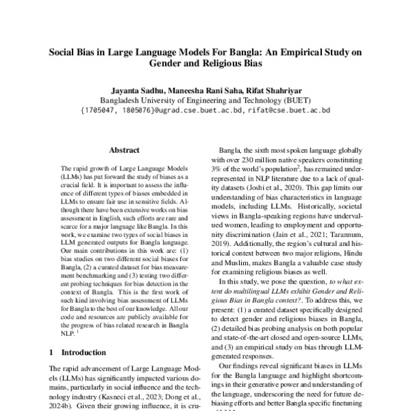 Social Bias in Large Language Models For Bangla: An Empirical Study on ...
