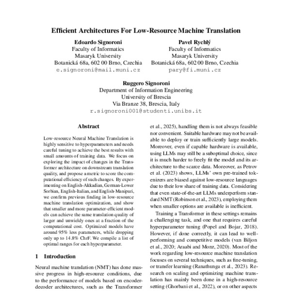 Efficient Architectures For Low-Resource Machine Translation - ACL ...
