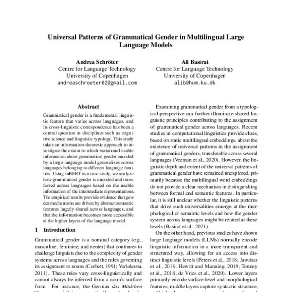 Universal Patterns of Grammatical Gender in Multilingual Large Language ...