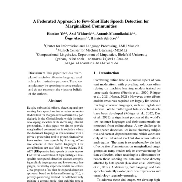 A Federated Approach to Few-Shot Hate Speech Detection for Marginalized ...