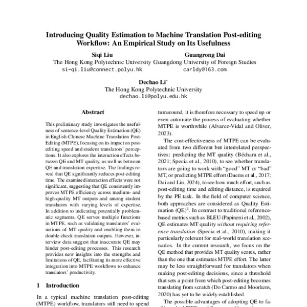 Introducing Quality Estimation to Machine Translation Post-editing ...