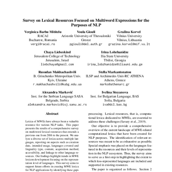 Survey on Lexical Resources Focused on Multiword Expressions for the ...