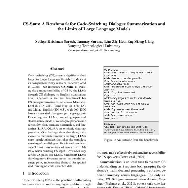 CS-Sum: A Benchmark for Code-Switching Dialogue Summarization and the ...
