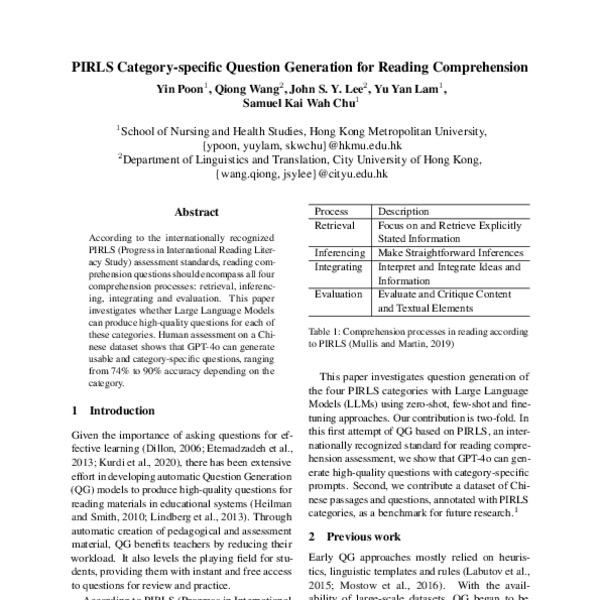 PIRLS Category-specific Question Generation for Reading Comprehension ...