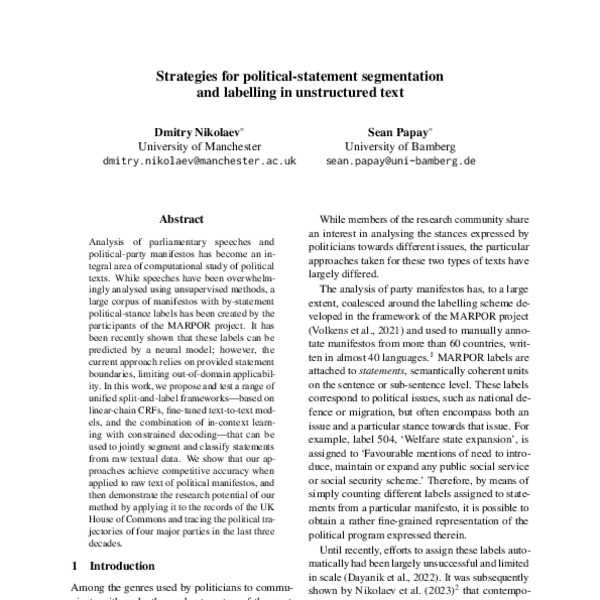 Strategies for political-statement segmentation and labelling in ...