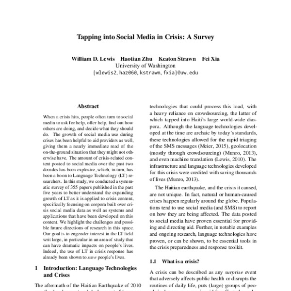 Tapping into Social Media in Crisis: A Survey - ACL Anthology
