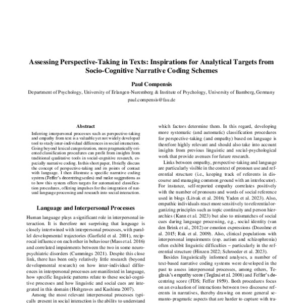 Assessing Perspective-Taking in Texts: Inspirations for Analytical Targets from Socio-Cognitive Narrative Coding Schemes