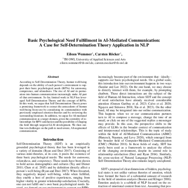 Basic Psychological Need Fulfillment in AI-Mediated Communication: A Case for Self-Determination Theory Application in NLP