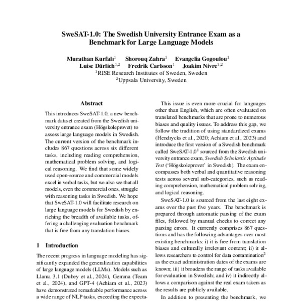 SweSAT-1.0: The Swedish University Entrance Exam as a Benchmark for ...