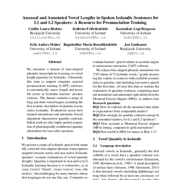 Assessed and Annotated Vowel Lengths in Spoken Icelandic Sentences for ...