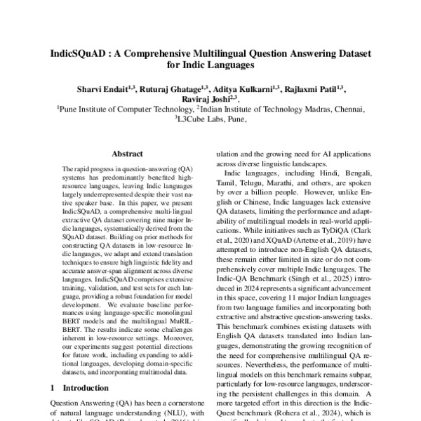 IndicSQuAD : A Comprehensive Multilingual Question Answering Dataset ...