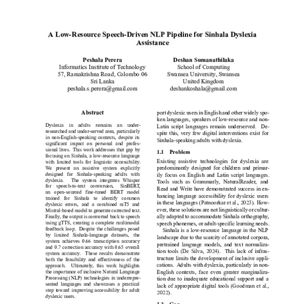 A Low-Resource Speech-Driven NLP Pipeline for Sinhala Dyslexia