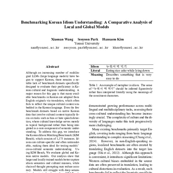 Benchmarking Korean Idiom Understanding: A Comparative Analysis of ...