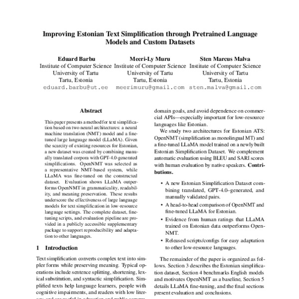 Improving Estonian Text Simplification through Pretrained Language ...