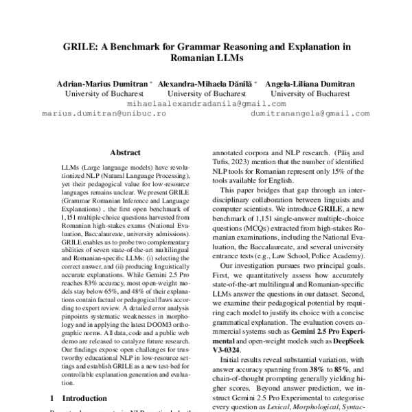 GRILE: A Benchmark for Grammar Reasoning and Explanation in Romanian ...
