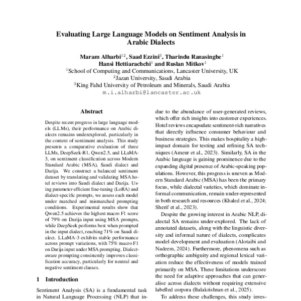Evaluating Large Language Models on Sentiment Analysis in Arabic ...