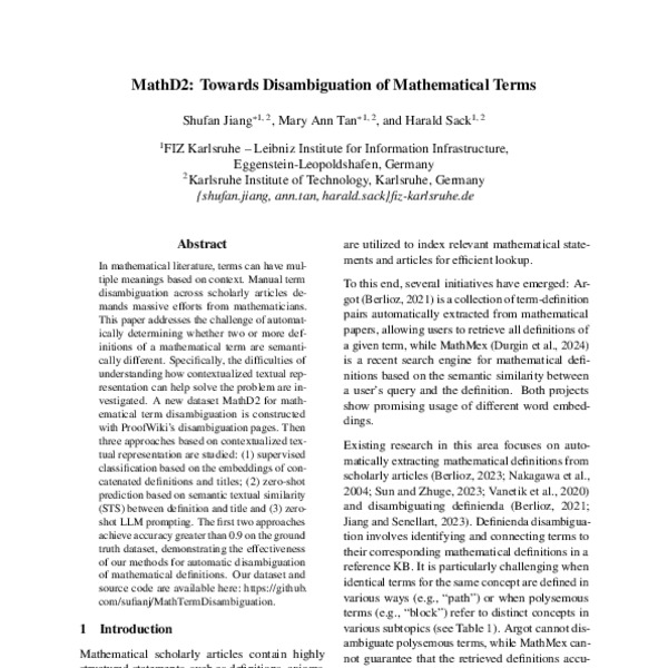MathD2: Towards Disambiguation of Mathematical Terms