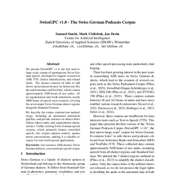 SwissGPC v1.0 - The Swiss German Podcasts Corpus - ACL Anthology