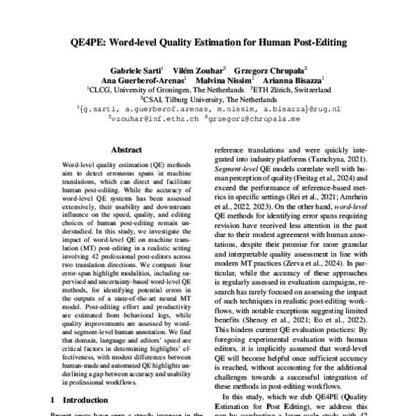 QE4PE: Word-level Quality Estimation for Human Post-Editing - ACL Anthology