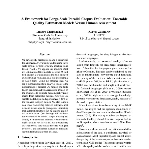 A Framework for Large-Scale Parallel Corpus Evaluation: Ensemble ...