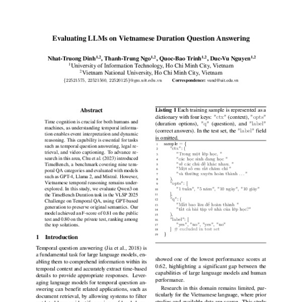Evaluating LLMs on Vietnamese Duration Question Answering - ACL Anthology