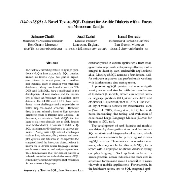 Dialect2SQL: A Novel Text-to-SQL Dataset for Arabic Dialects with a ...