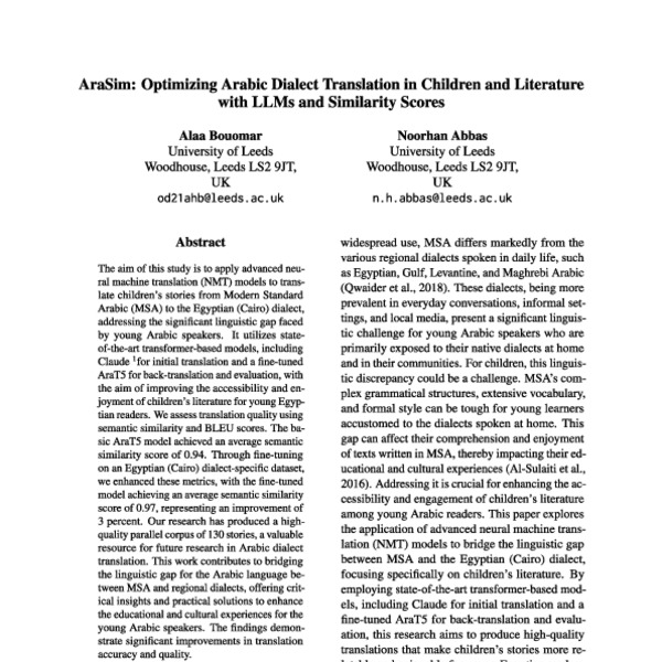 AraSim: Optimizing Arabic Dialect Translation in Children’s Literature ...