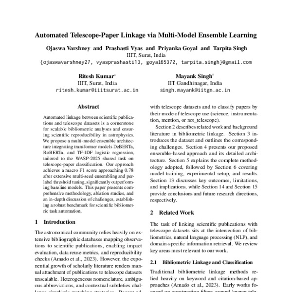 Automated Telescope-Paper Linkage via Multi-Model Ensemble Learning ...
