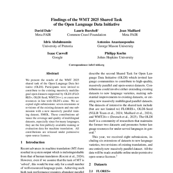 Findings of the WMT 2025 Shared Task of the Open Language Data ...