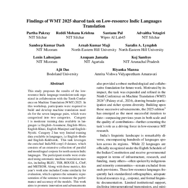 Findings of WMT 2025 Shared Task on Low-resource Indic Languages ...