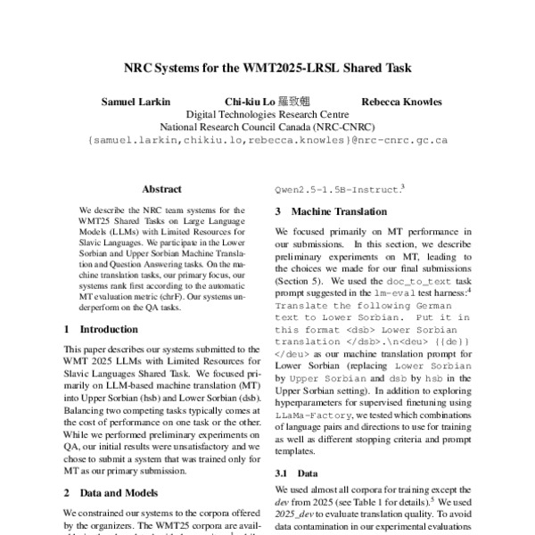 NRC Systems for the WMT2025-LRSL Shared Task - ACL Anthology