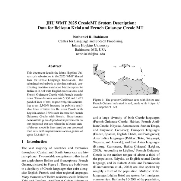 JHU WMT 2025 CreoleMT System Description: Data for Belizean Kriol and ...