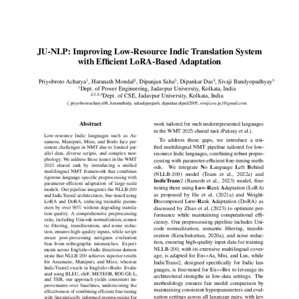 JU-NLP: Improving Low-Resource Indic Translation System with Efficient ...