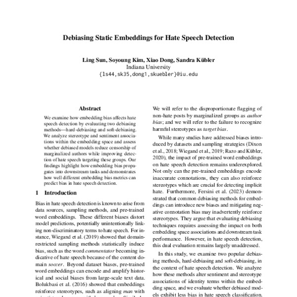 Debiasing Static Embeddings for Hate Speech Detection - ACL Anthology