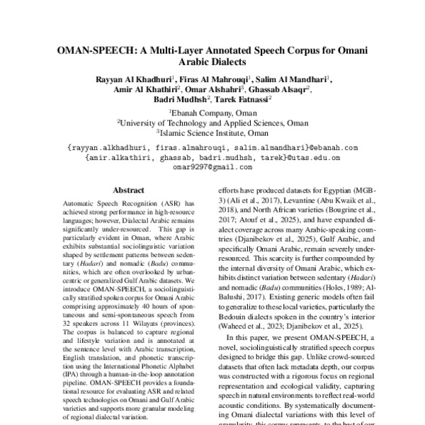 OMAN-SPEECH: A Multi-Layer Annotated Speech Corpus for Omani Arabic ...